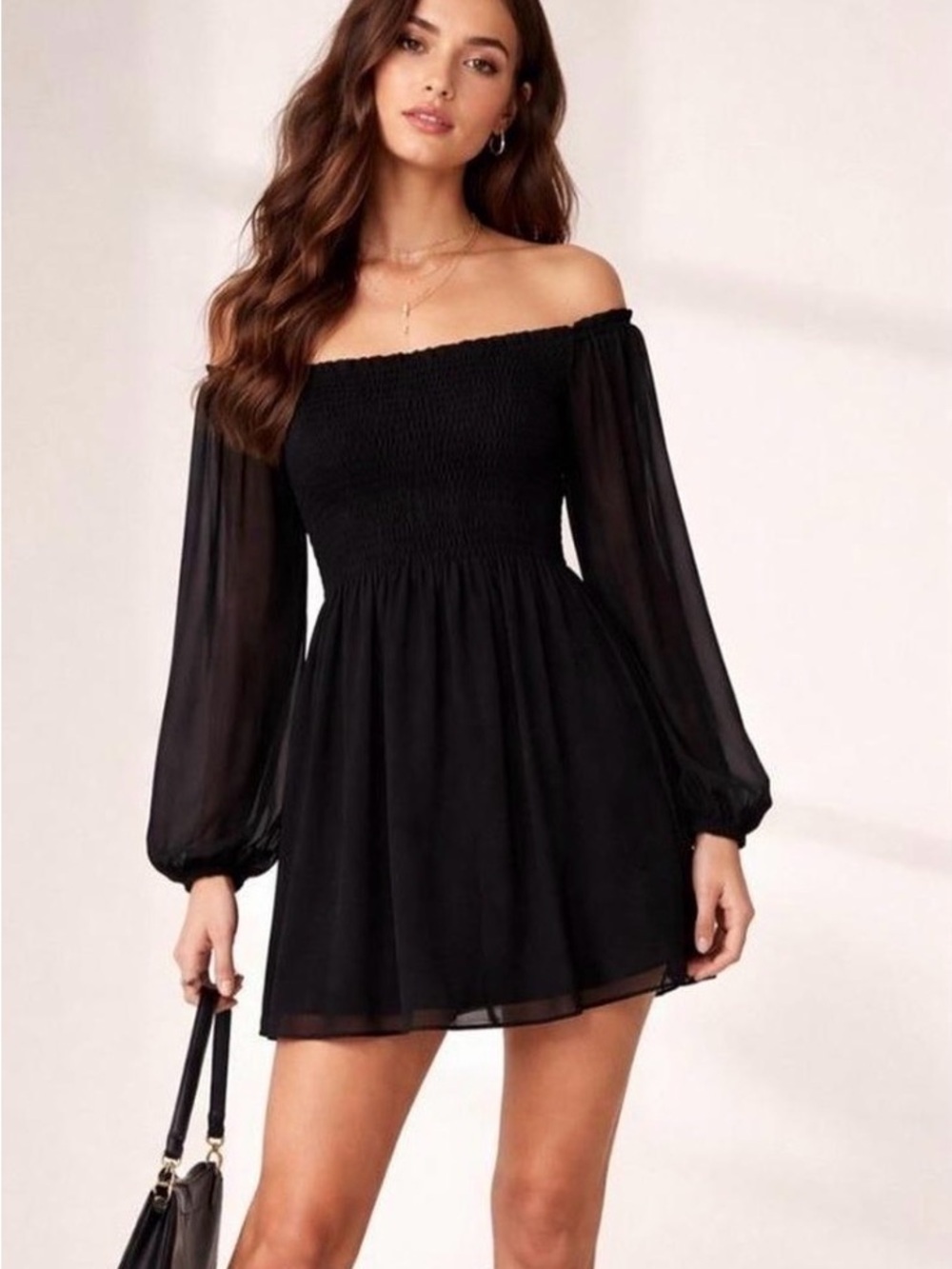 Reformation Black Off-Shoulder Smocked Mini Dress